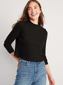 Cropped Rib-Knit Mock-Neck Sweater for Women