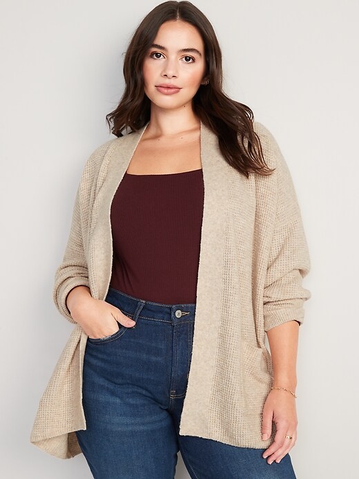 Image number 5 showing, Heathered Waffle-Knit Open-Front Cardigan for Women