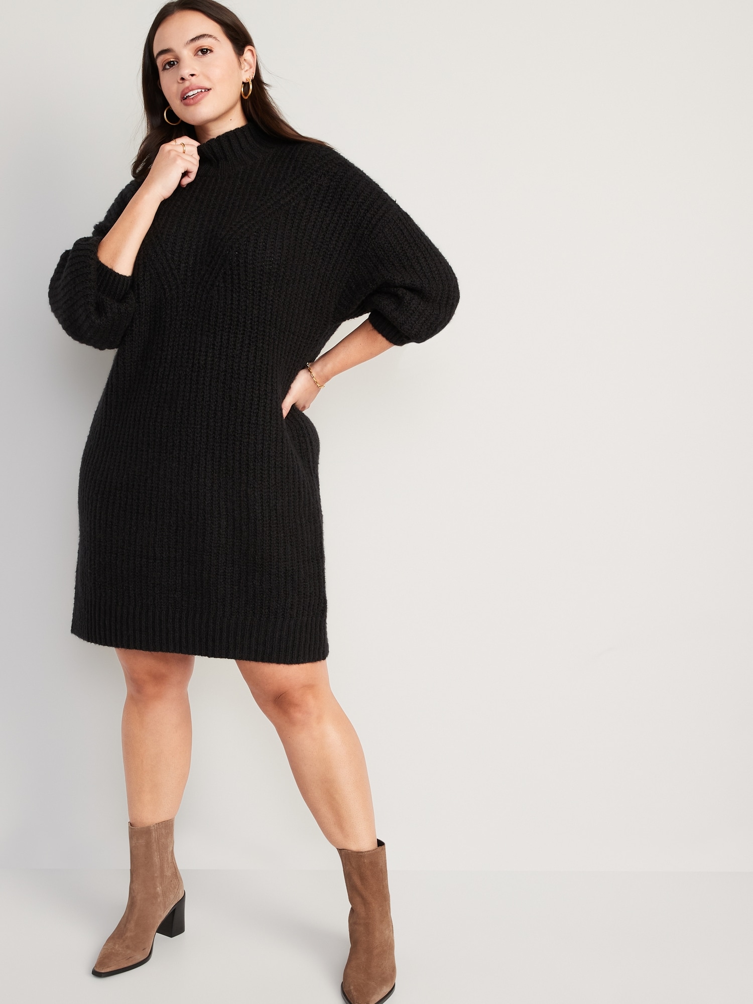Long-Sleeve Relaxed Mock-Neck Mini Sweater Shift Dress for Women