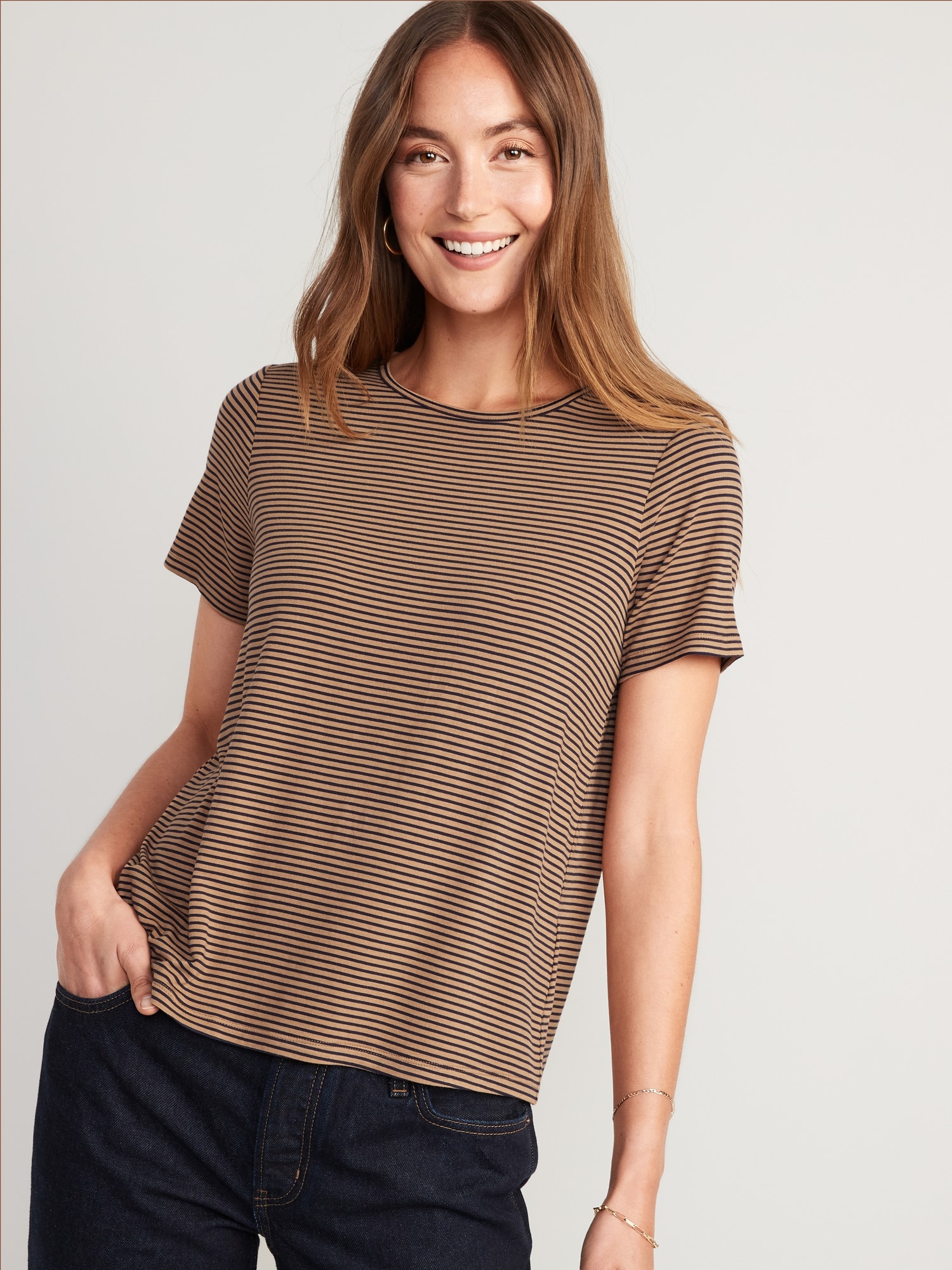 Old Navy Short-Sleeve Luxe Striped T-Shirt for Women brown. 1