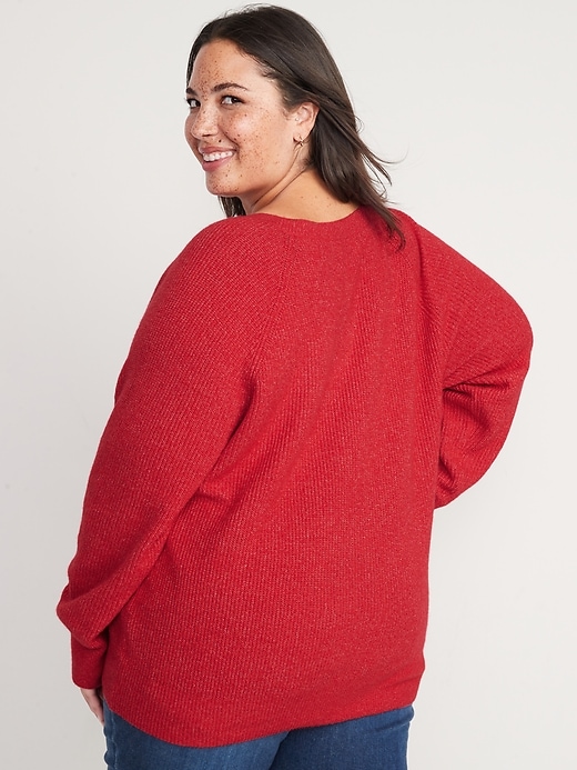 Image number 8 showing, V-Neck Shaker-Stitch Cocoon Sweater