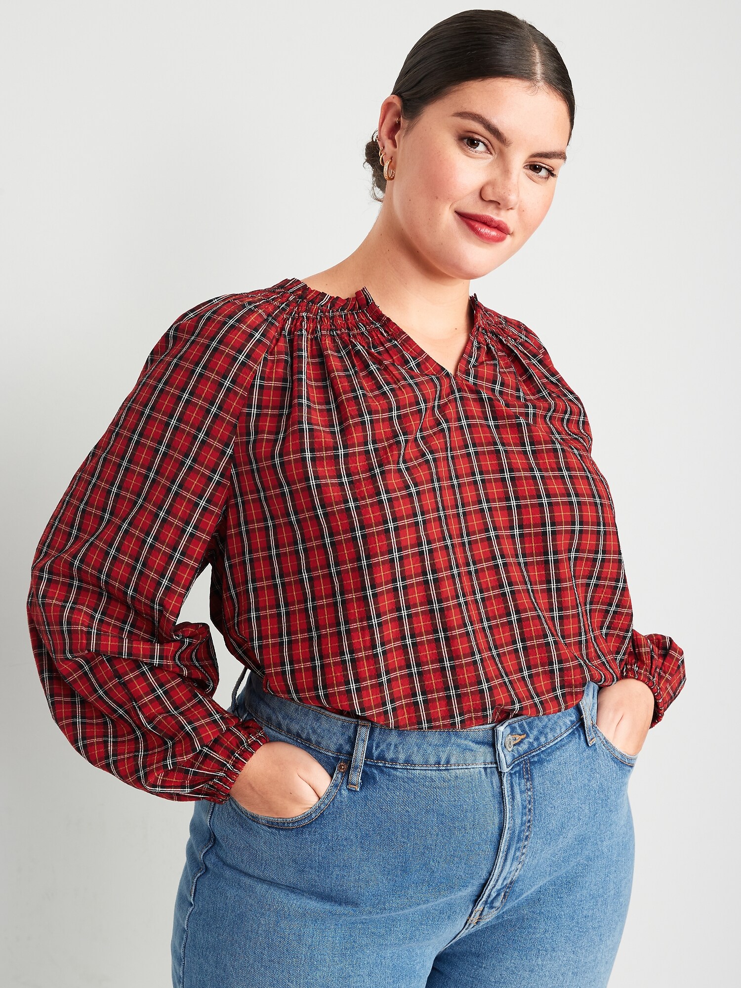 Plaid Smocked Seersucker Swing Blouse | Old Navy