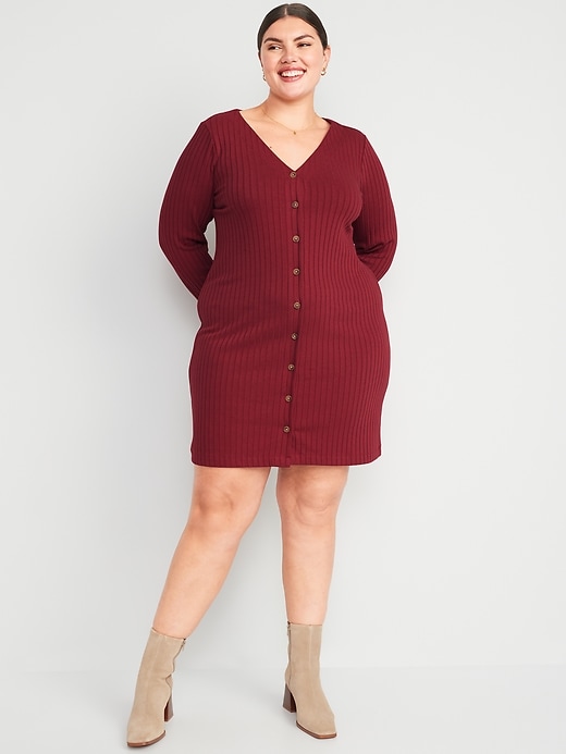 Image number 7 showing, Long-Sleeve Rib-Knit Button-Front Mini Shift Dress