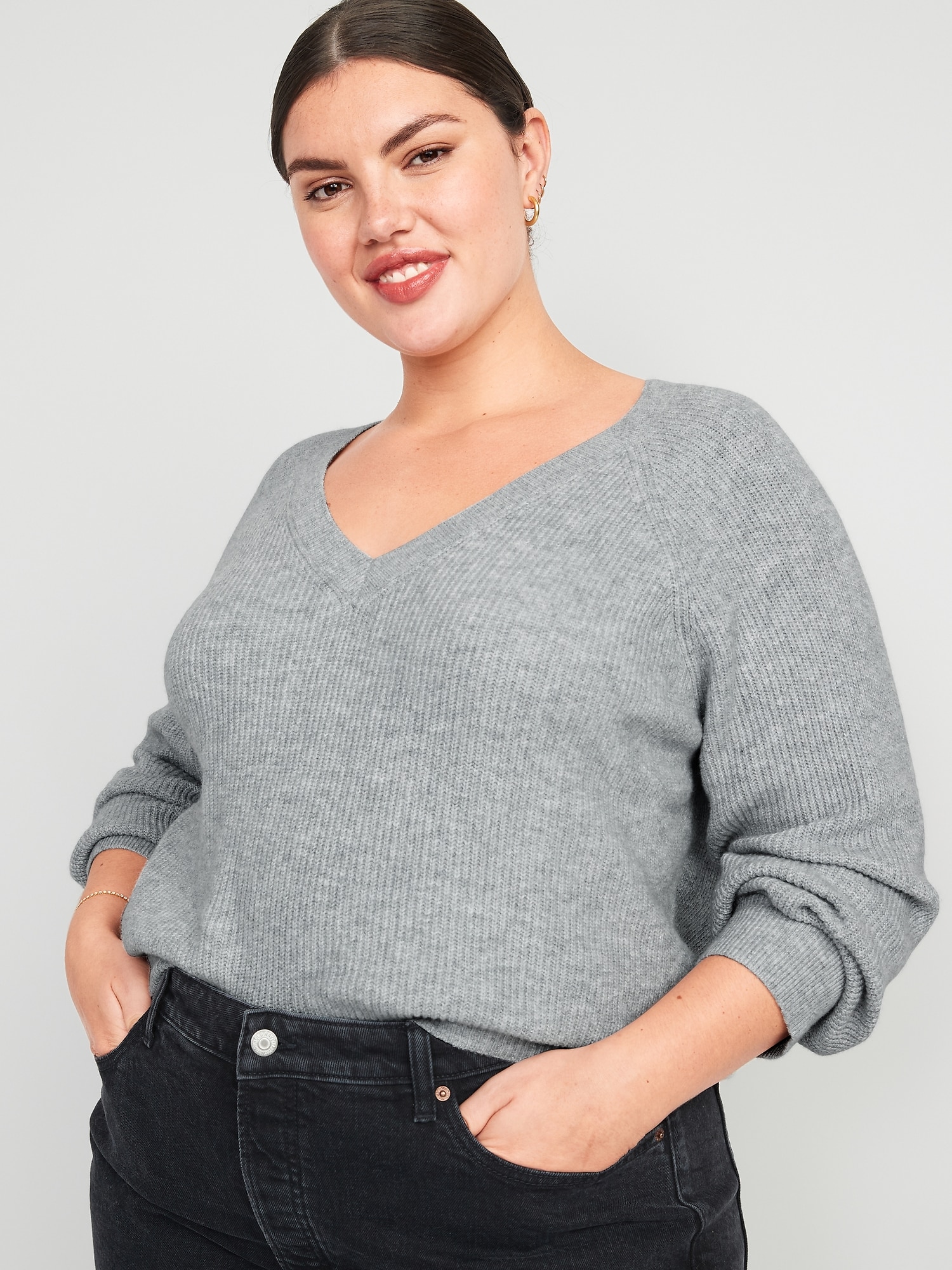 V-Neck Heathered Shaker-Stitch Cocoon Sweater for Women | Old Navy