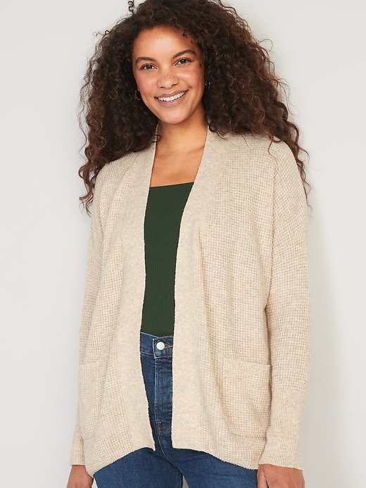 Image number 1 showing, Heathered Waffle-Knit Open-Front Cardigan for Women