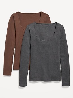 Long-Sleeve Slim-Fit Rib-Knit T-Shirt 2-Pack for Women