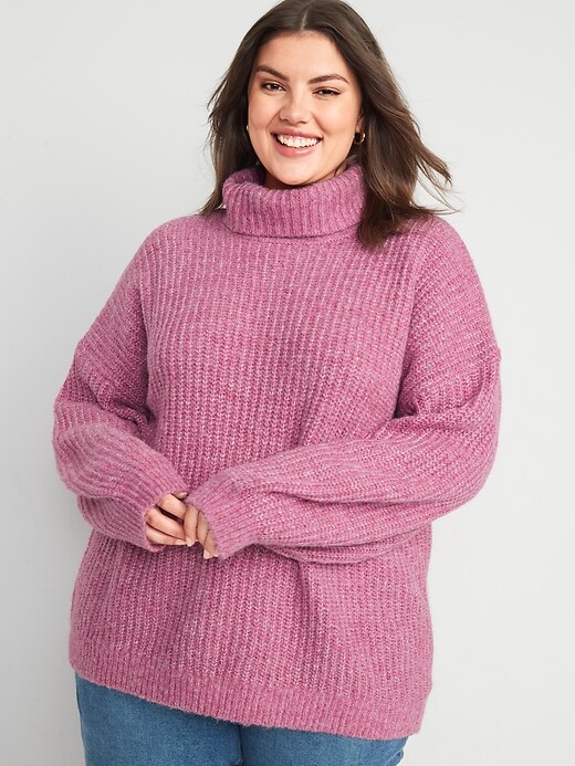 Image number 7 showing, Shaker-Stitch Tunic-Length Turtleneck Sweater for Women