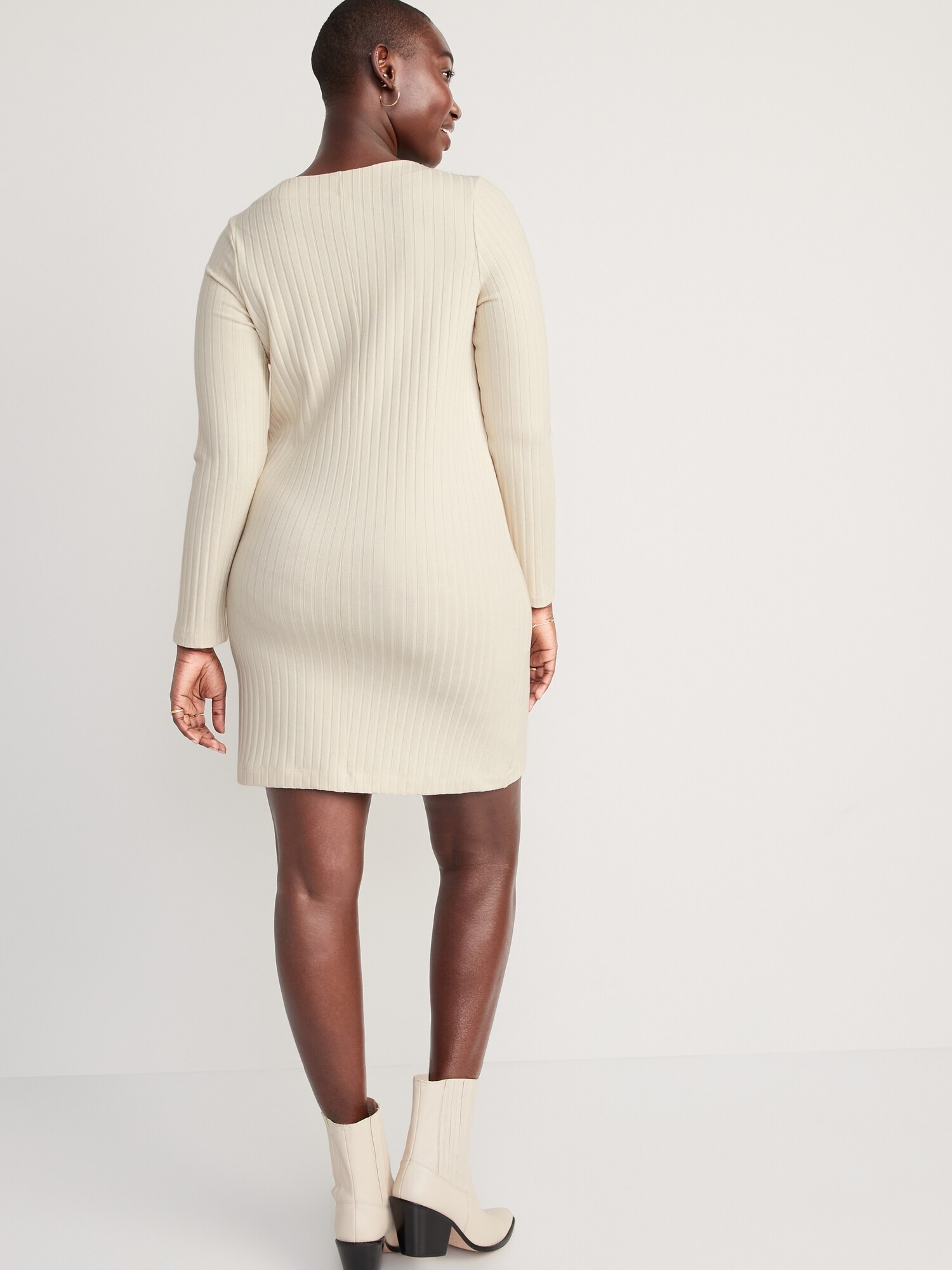 Long-Sleeve Rib-Knit Button-Front Mini 