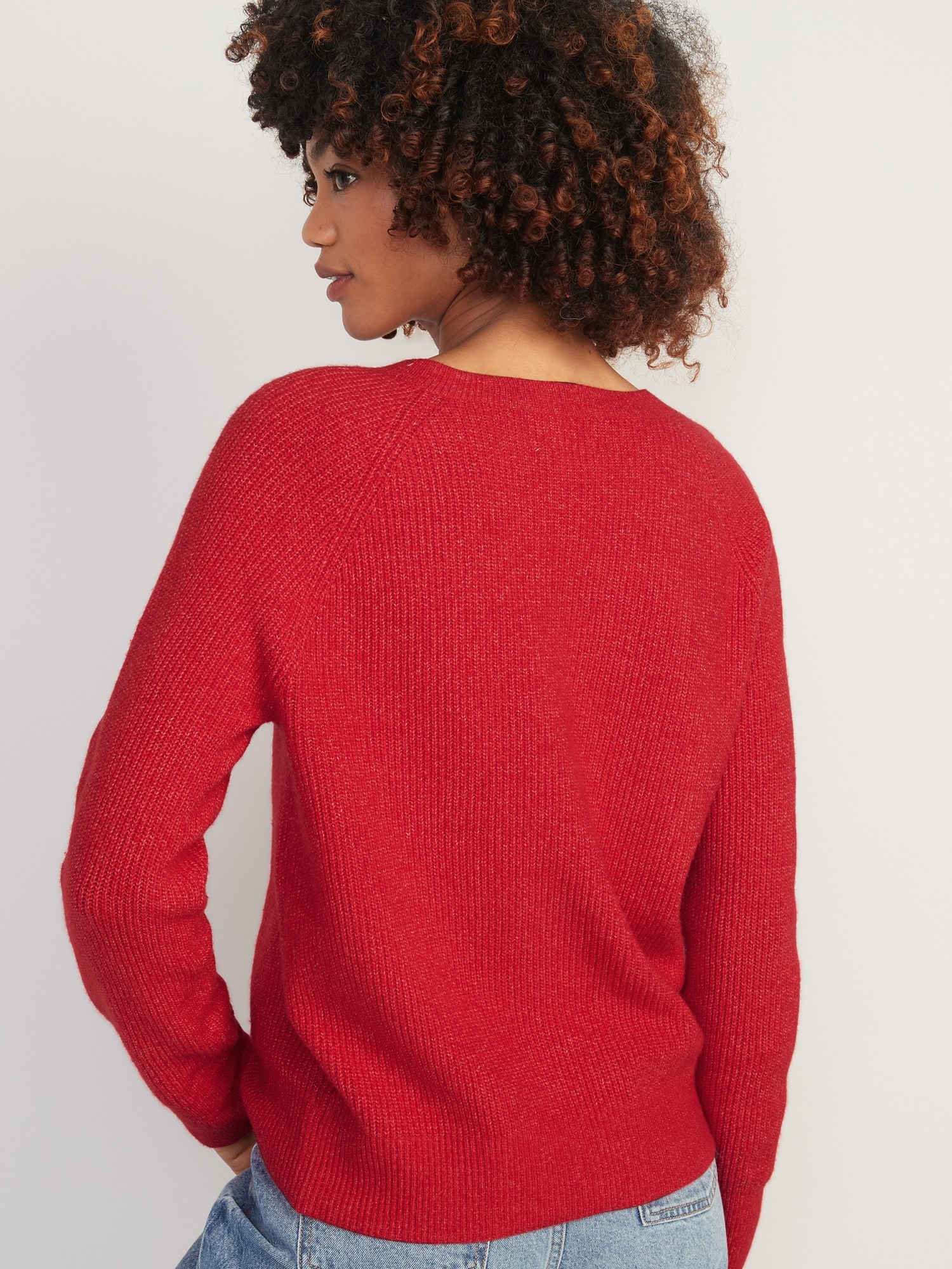 V-Neck Shaker-Stitch Cocoon Sweater