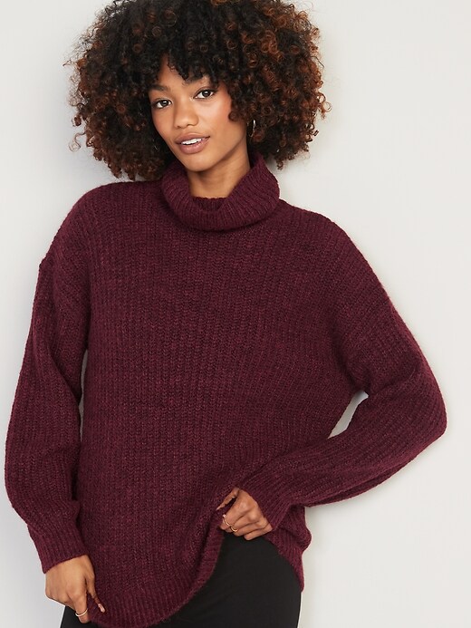 Shaker-Stitch Tunic-Length Turtleneck Sweater for Women