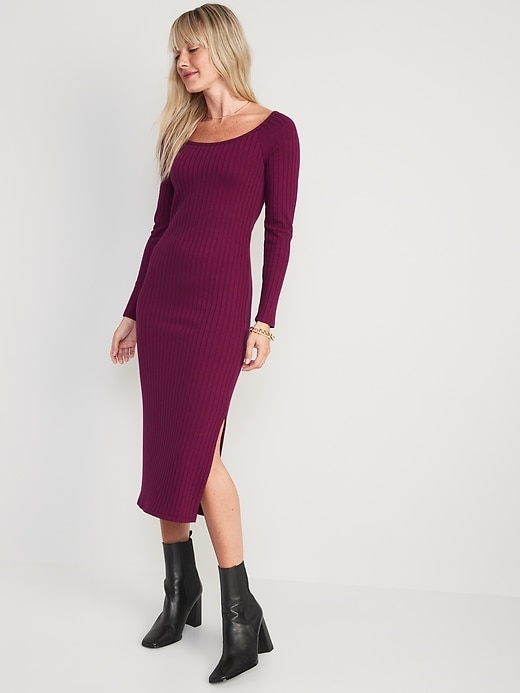 Fitted Long-Sleeve Rib-Knit Midi Dress for Women | Old Navy