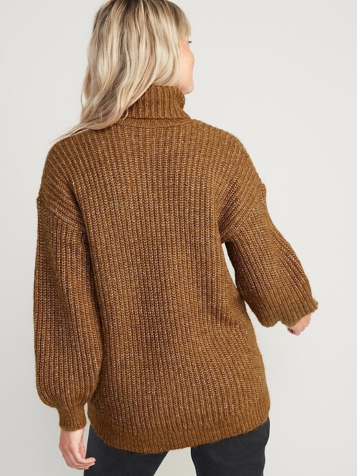 Marled Shaker Stitch Tunic Length Turtleneck Sweater