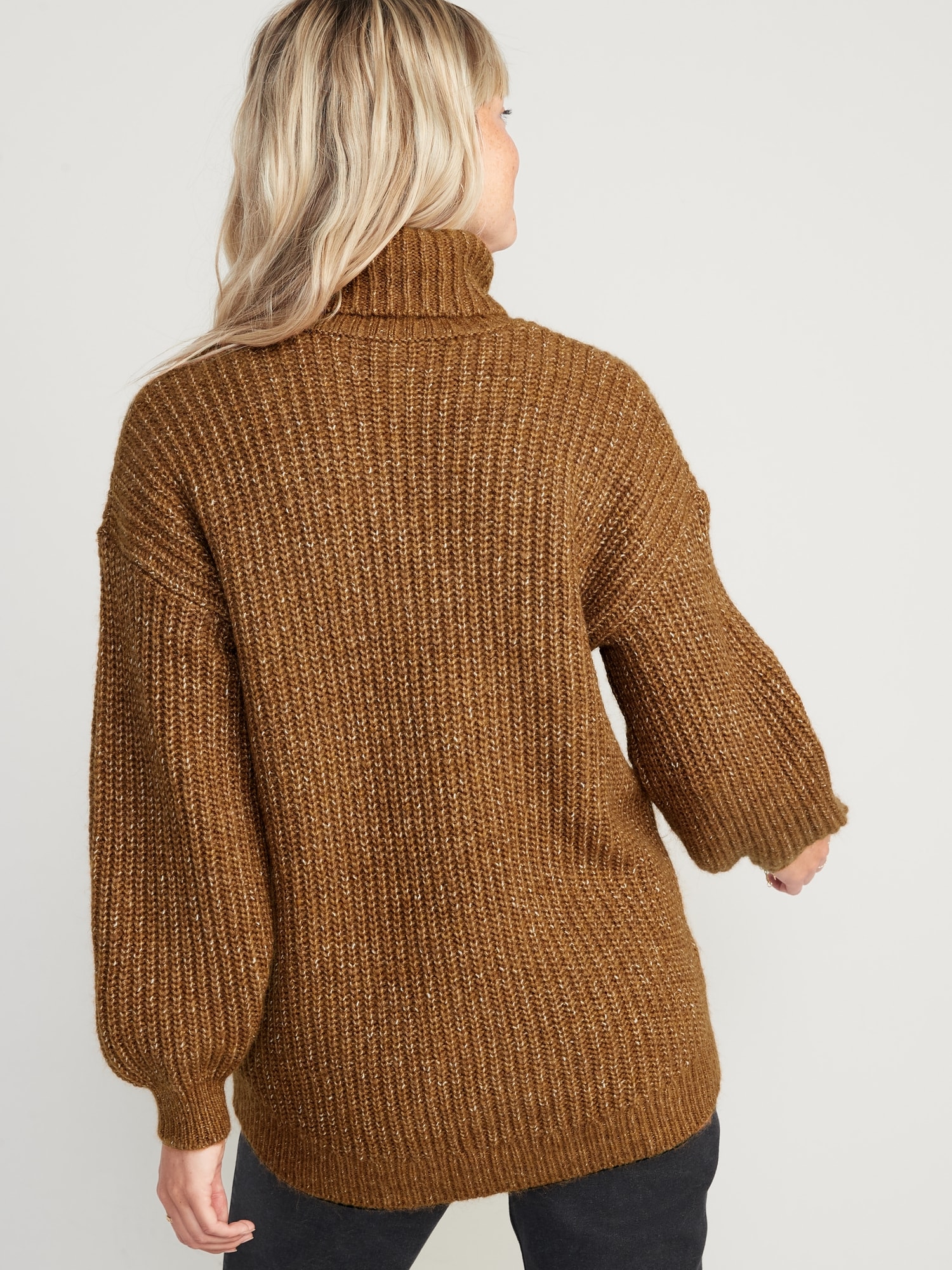 Marled Shaker-Stitch Tunic-Length Turtleneck Sweater for Women