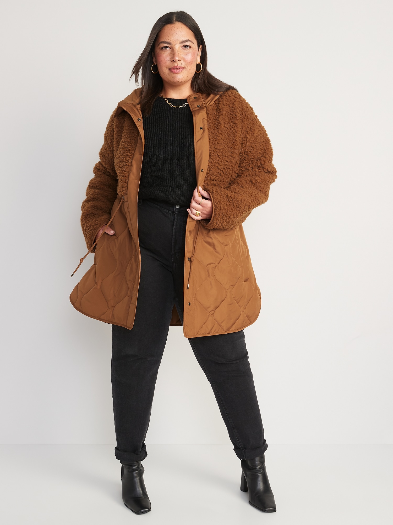 Hooded Sherpa Quilted Hybrid Coat for Women | Old Navy