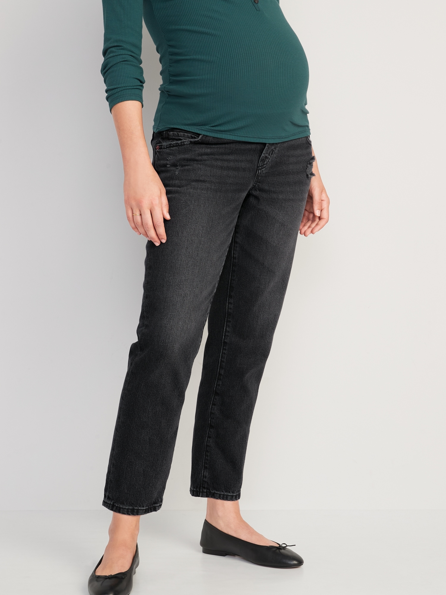 Maternity Front Low Panel Slouchy Straight Black Jeans