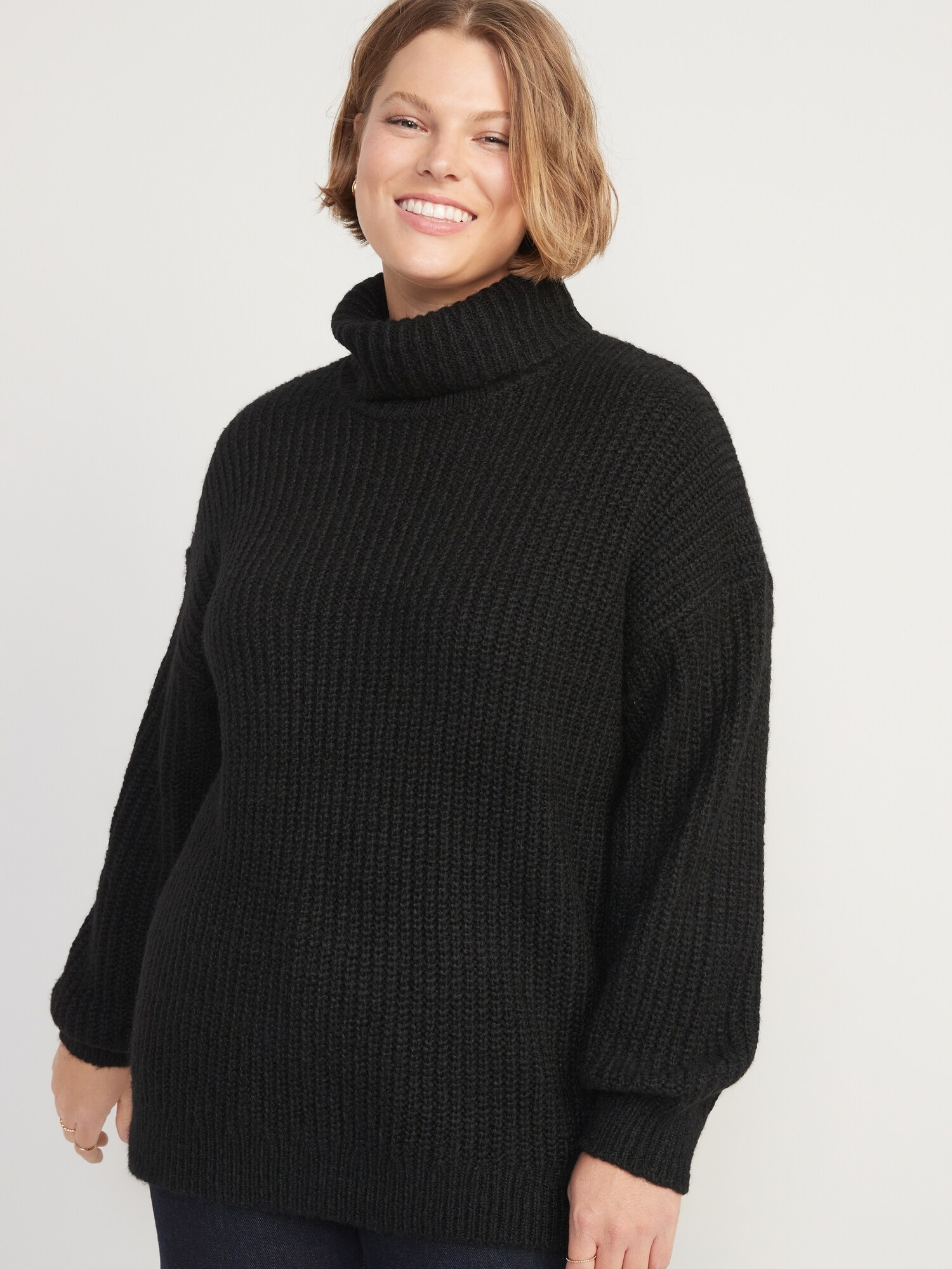 Shaker-Stitch Tunic-Length Turtleneck Sweater for Women