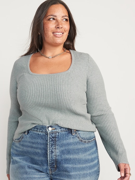 Image number 7 showing, Fitted Cropped Square-Neck Rib-Knit Sweater for Women