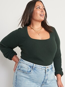 wybzd Women's Rib Knit Crop Tops Long Sleeve Square Neck Solid