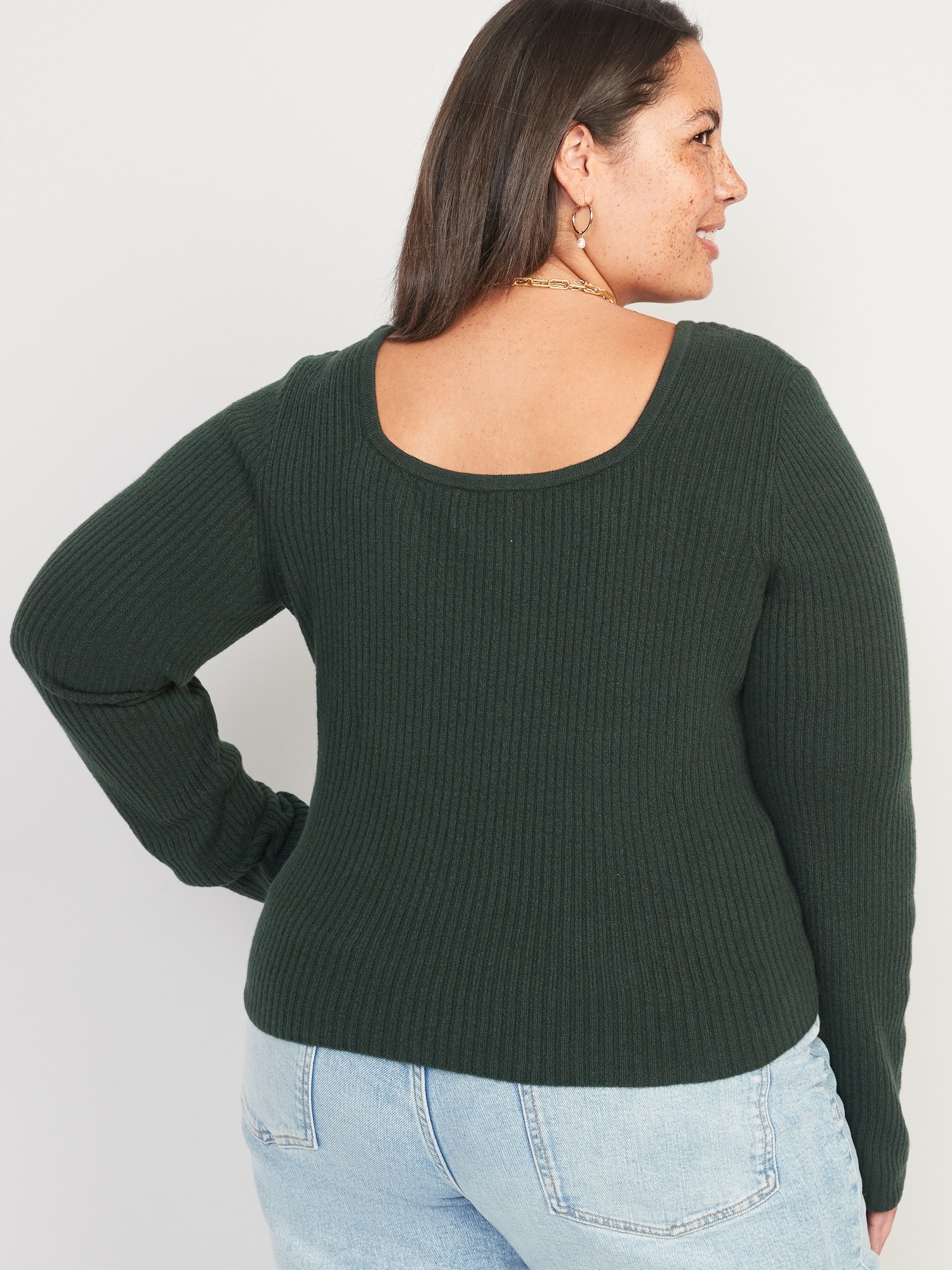 Fitted Cropped Square-Neck Rib-Knit Sweater for Women
