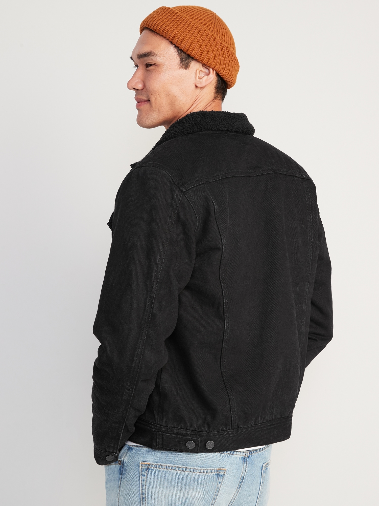 Sherpa-Lined Non-Stretch Black Jean Jacket | Old Navy