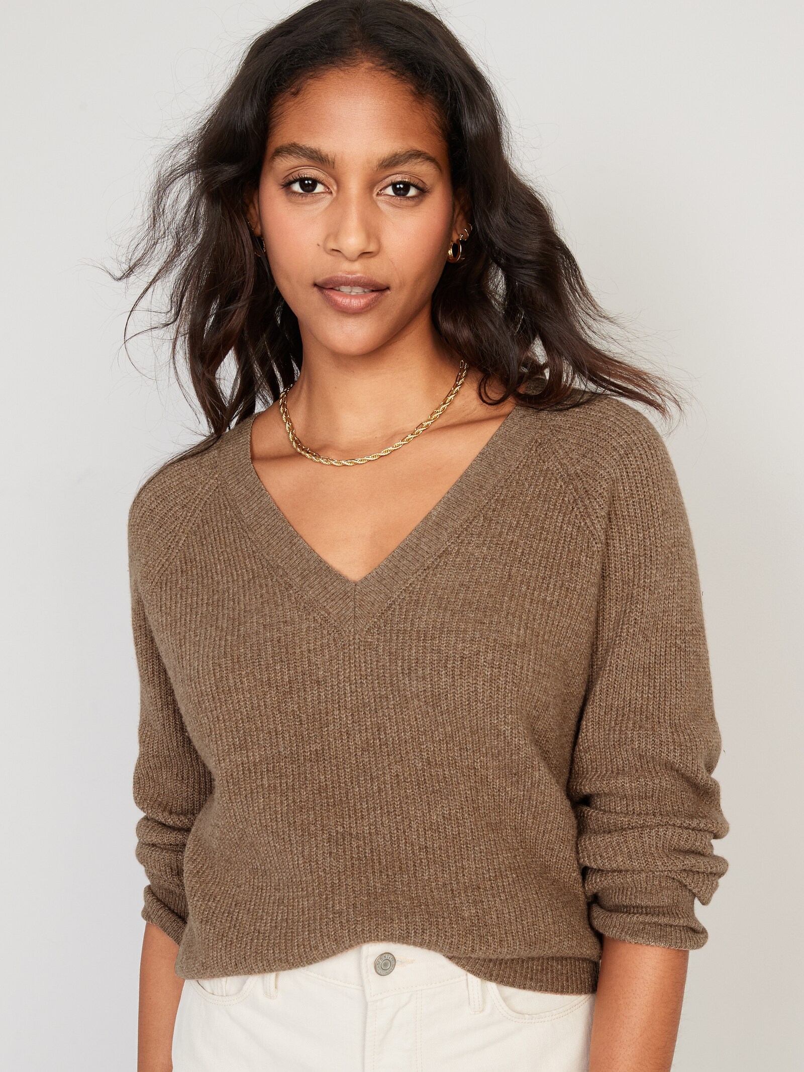 V-Neck Heathered Shaker-Stitch Cocoon 