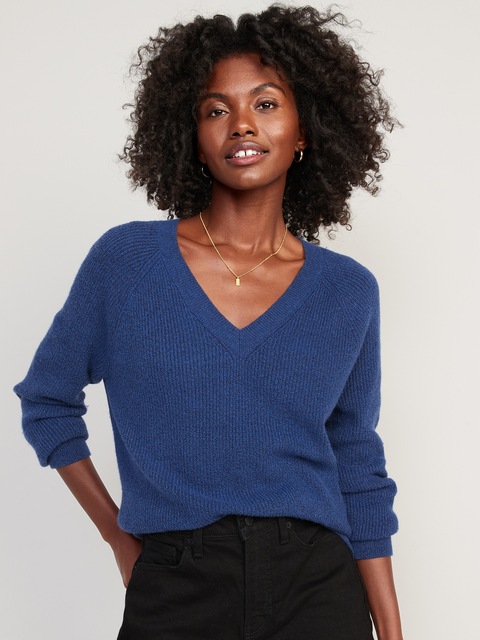 V-Neck Shaker-Stitch Cocoon Sweater