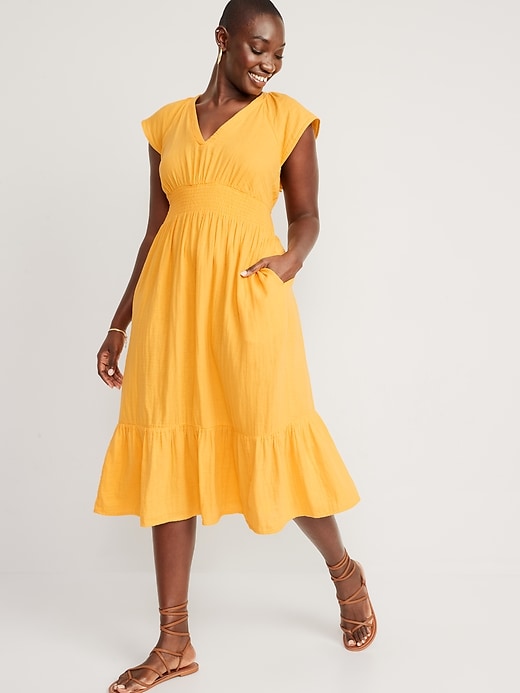 Image number 5 showing, Waist-Defined Flutter-Sleeve Smocked Midi Dress for Women