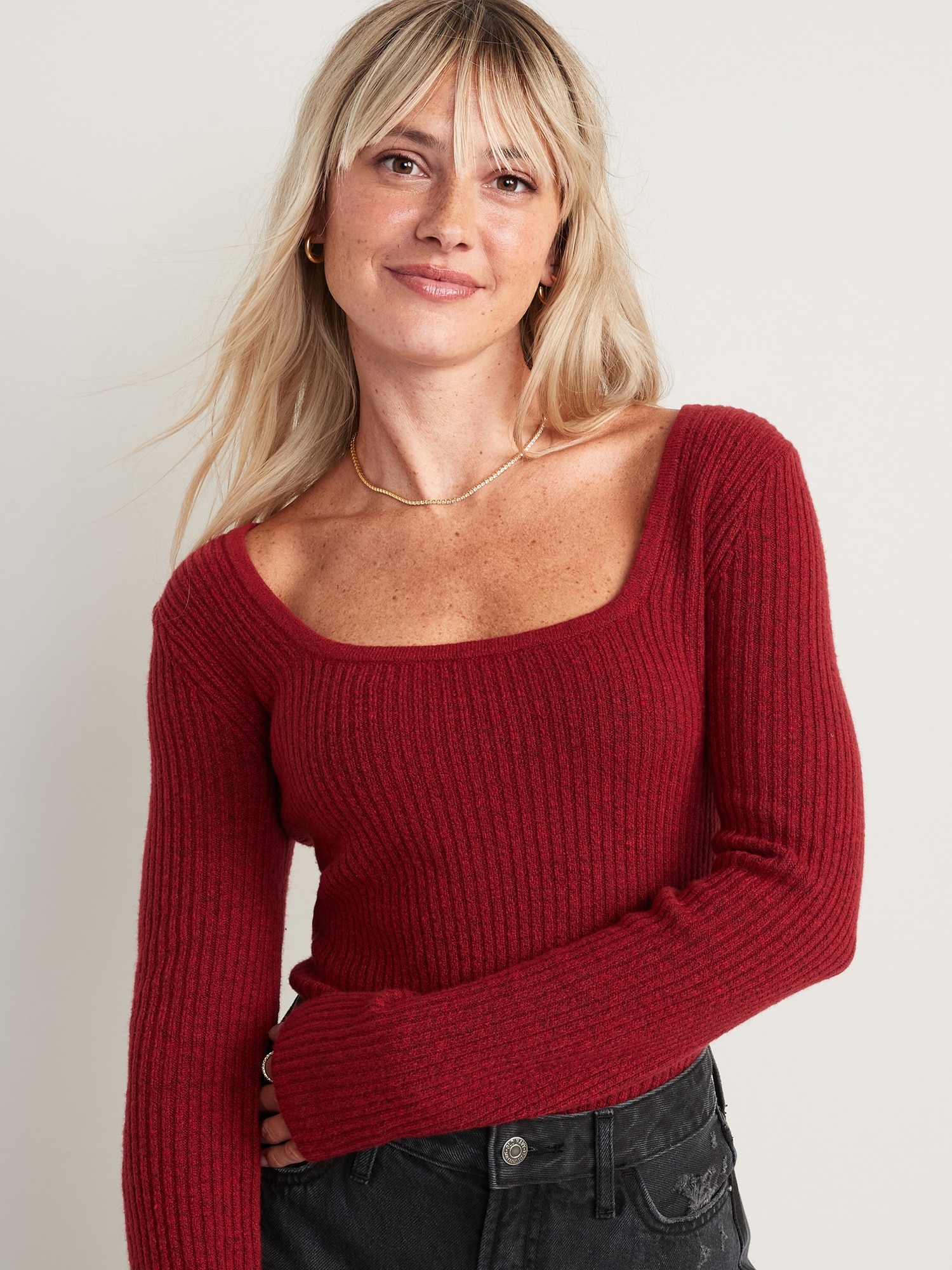Rib-knit Wool Sweater - Red - Ladies