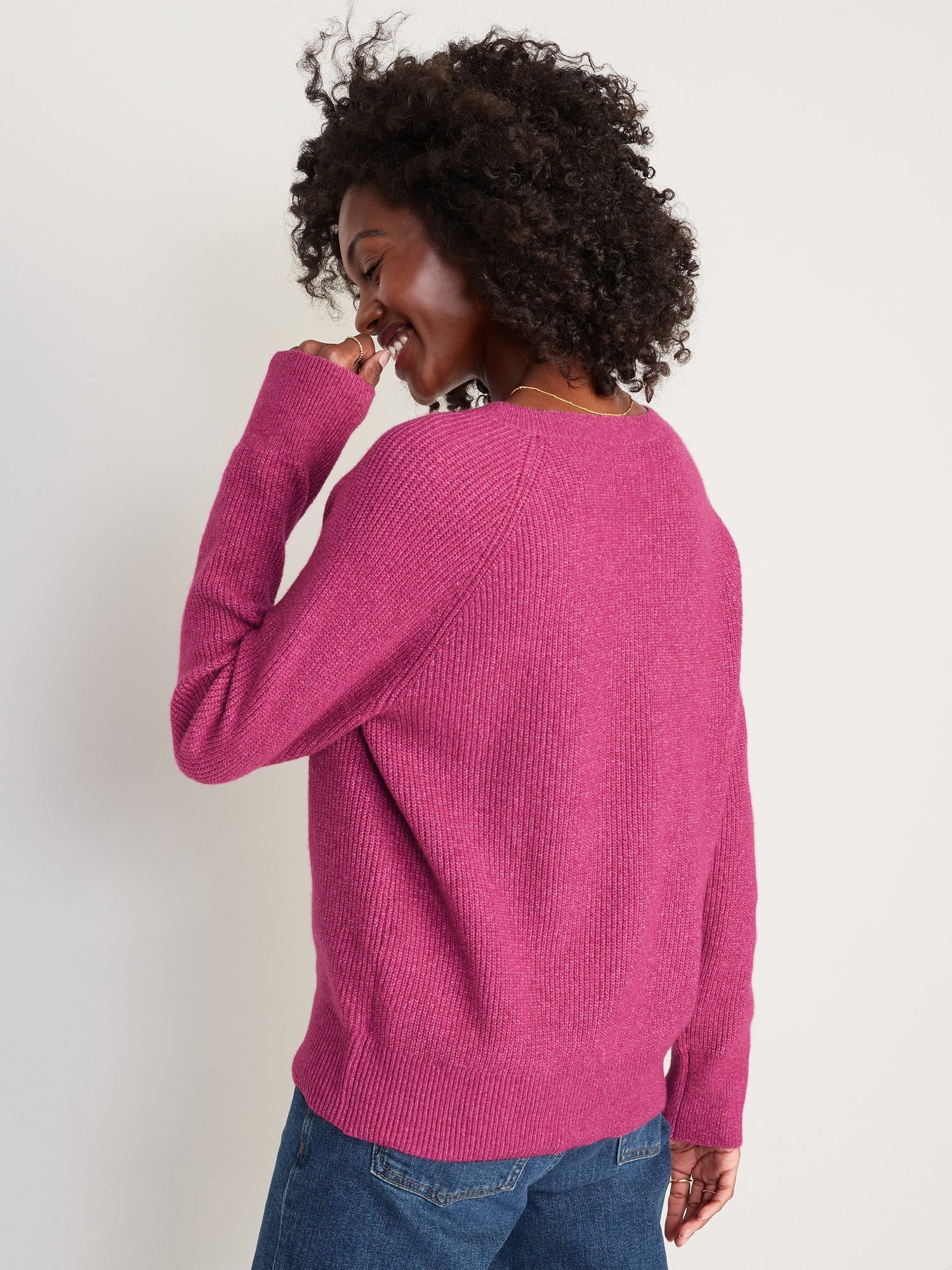 V-Neck Mélange Shaker-Stitch Cocoon Sweater for Women