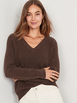 V-Neck Mélange Shaker-Stitch Cocoon Sweater for Women
