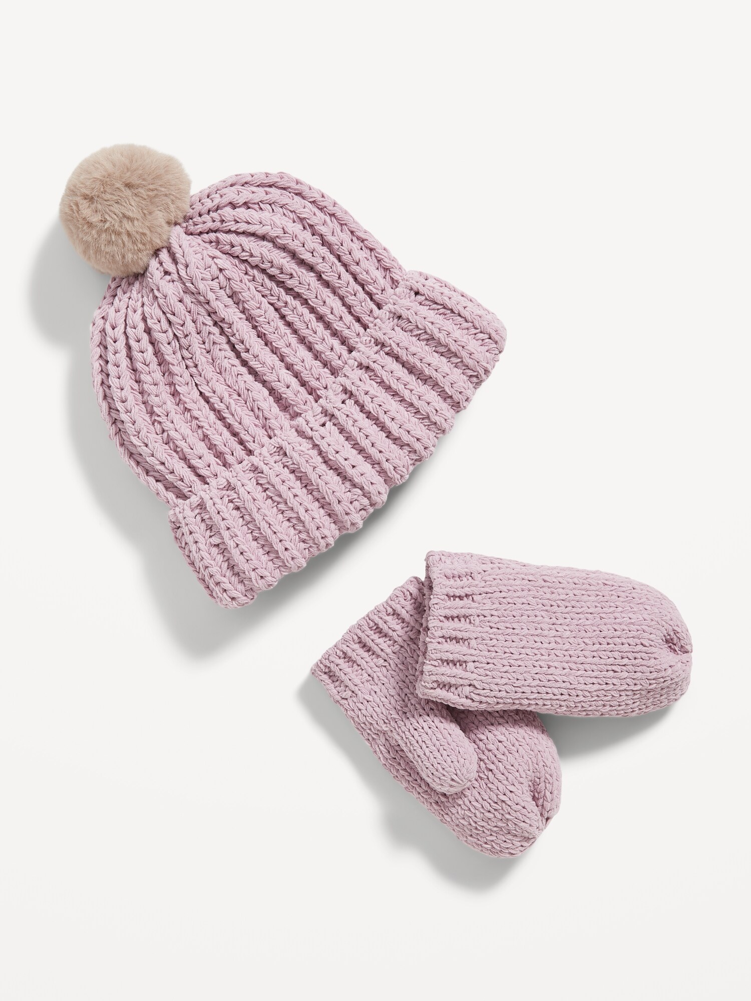 Chenille Pom-Pom Beanie and Mittens Set for Toddler Girls