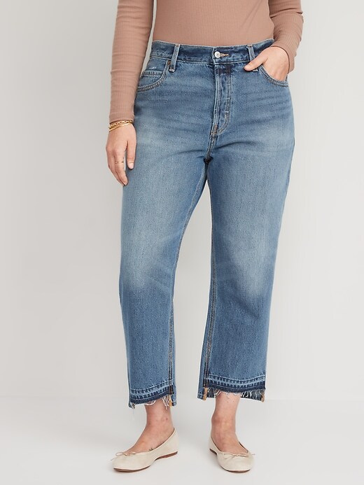 Image number 5 showing, High-Waisted Button-Fly Slouchy Straight Cropped Non-Stretch Cut-Off Jeans