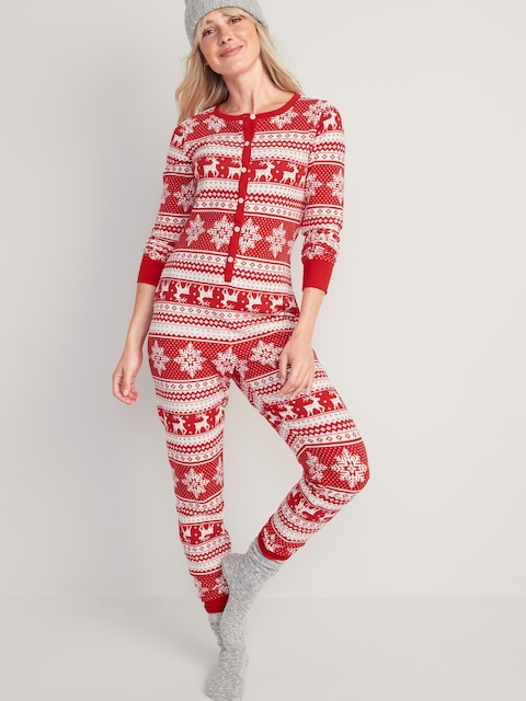 Matching Printed Thermal-Knit One-Piece Pajamas