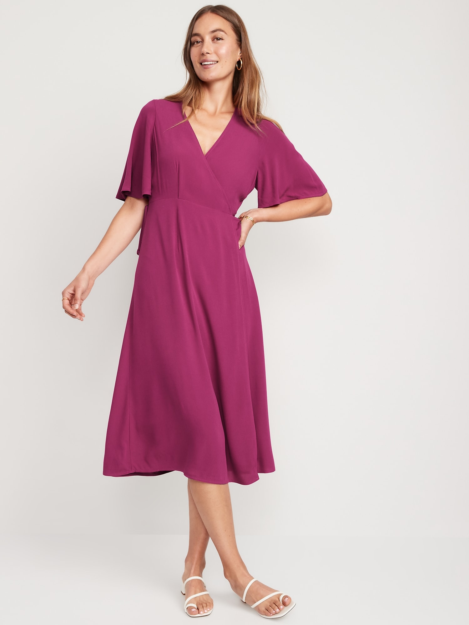 Waist Defined Flutter Sleeve Midi Wrap Dress For Women Old Navy