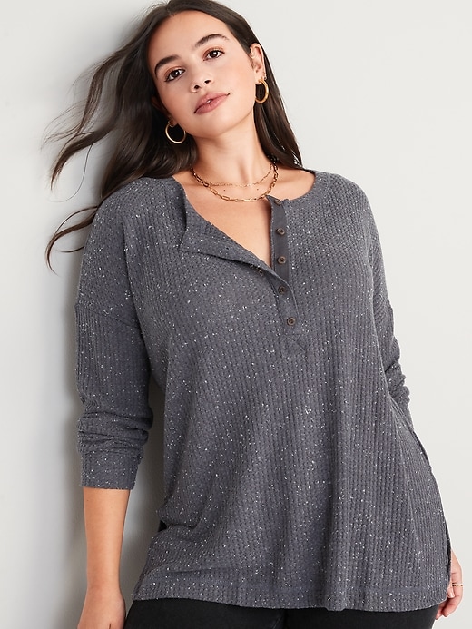 Image number 5 showing, Long-Sleeve Waffle-Knit Henley Tunic T-Shirt for Women
