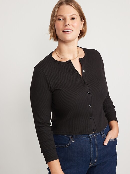 Image number 5 showing, Cropped Rib-Knit Button-Down T-Shirt for Women