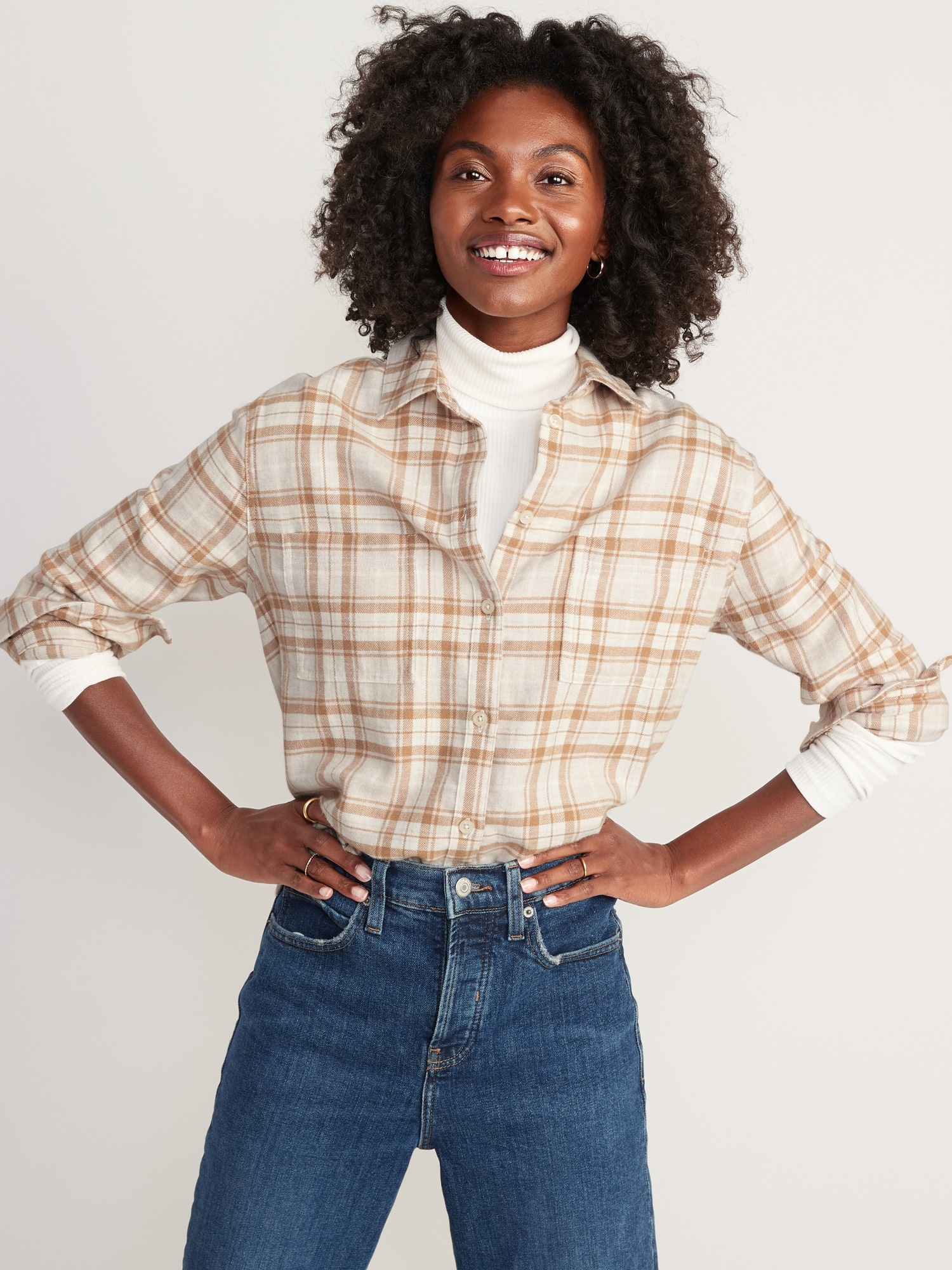 Old Navy Cropped Plaid Flannel Boyfriend Shirt for Women white. 1