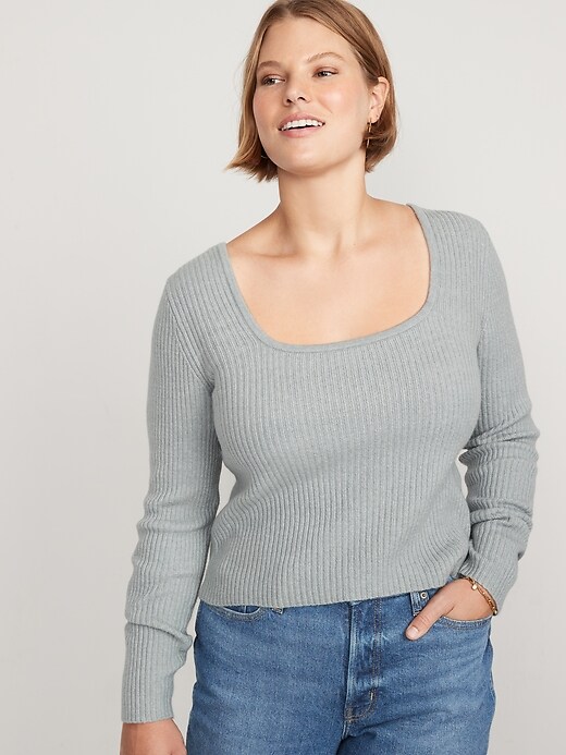 Image number 5 showing, Fitted Cropped Square-Neck Rib-Knit Sweater for Women