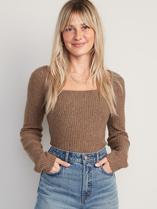 Image number 1 showing, Fitted Heathered Square-Neck Rib-Knit Sweater