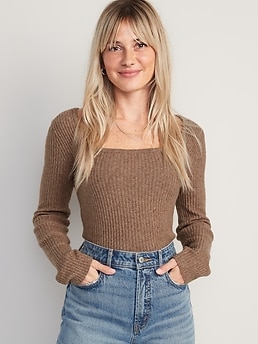 Fitted Heathered Square-Neck Rib-Knit Sweater for Women