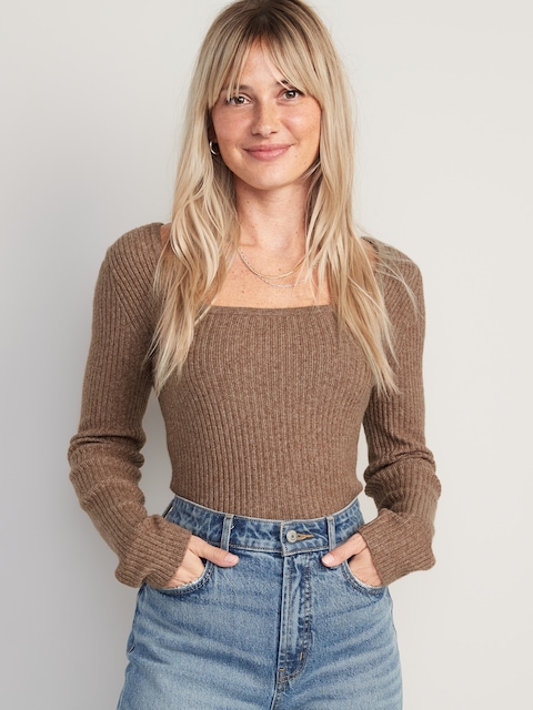 Fitted Heathered Square-Neck Rib-Knit Sweater