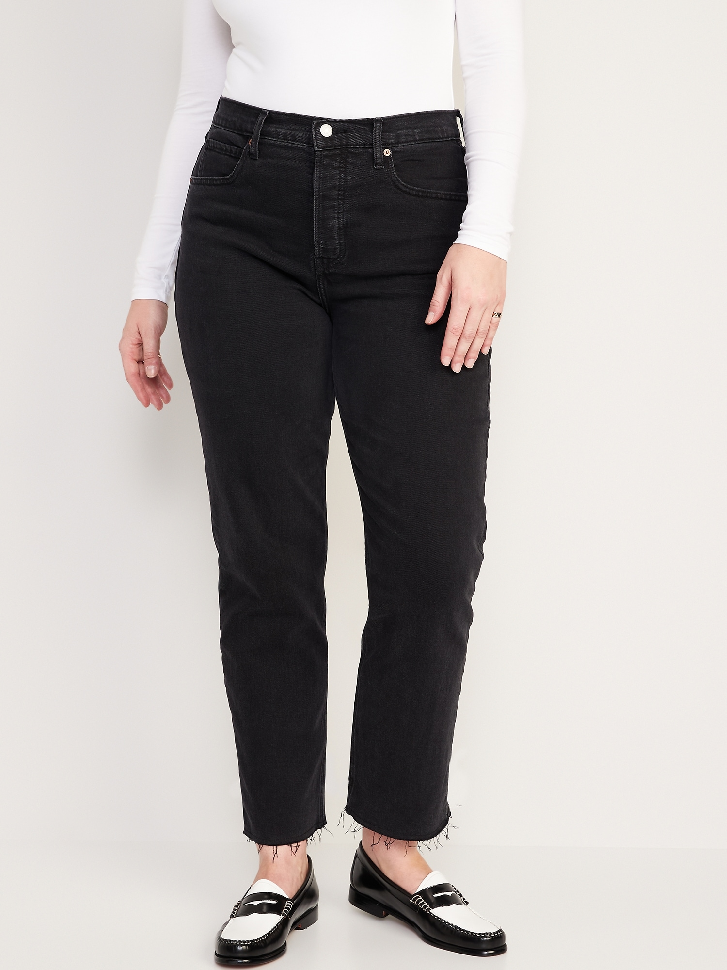 Extra High-Waisted Button-Fly Sky-Hi Straight Cut-Off Black Jeans for ...