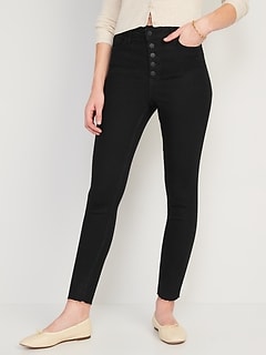 Extra High-Waisted Button-Fly Rockstar 360° Stretch Super Skinny Black Cut-Off Ankle Jeans for Women