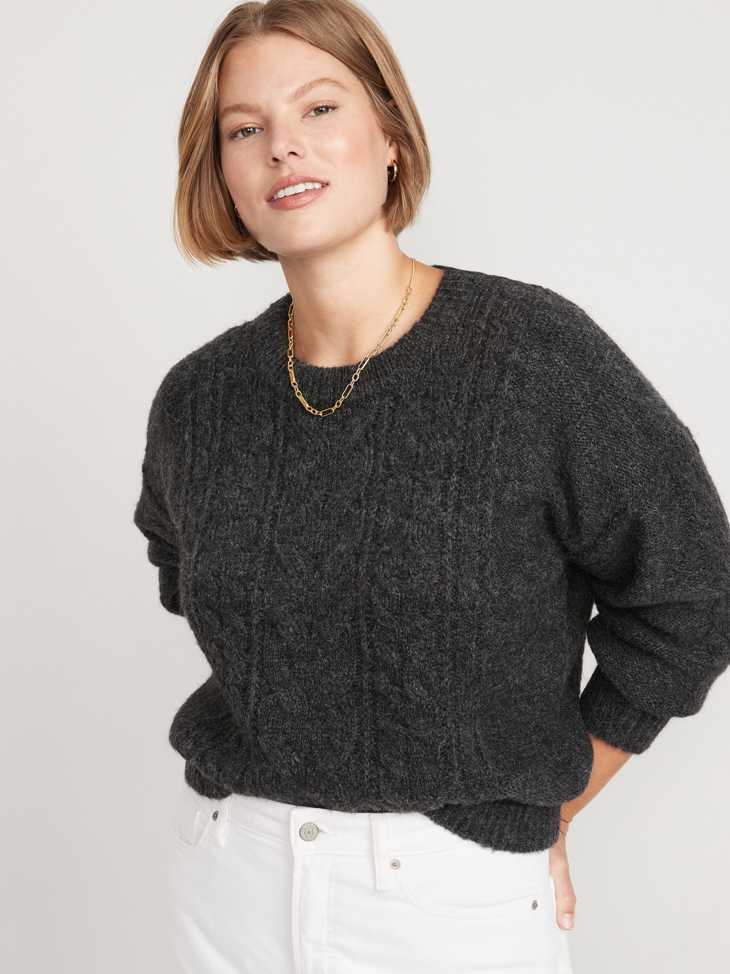 COLLUSION cable knit oversized collar zip through sweater in gray heather