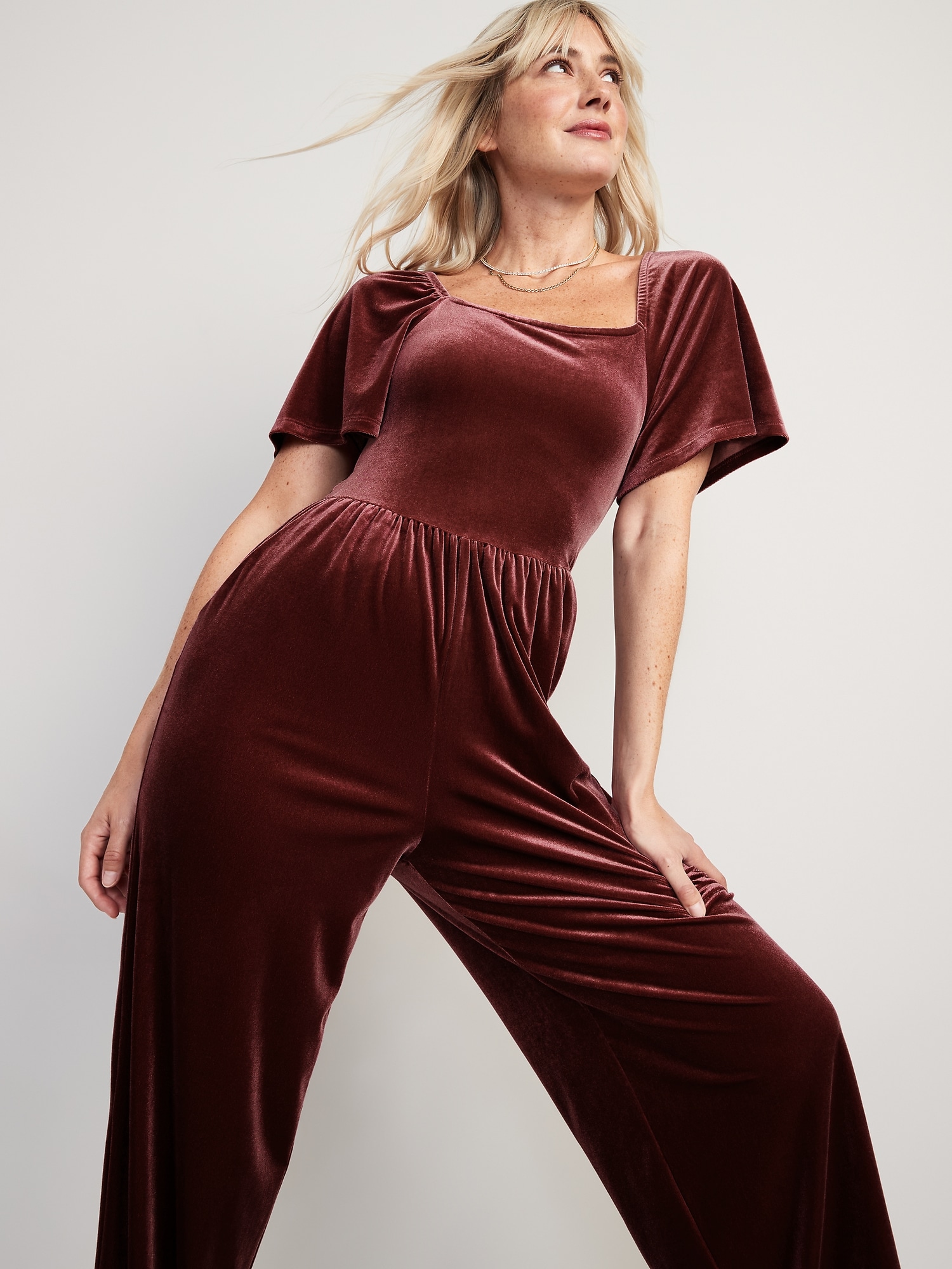 Flutter-Sleeve Velvet Jumpsuit for Women | Old Navy