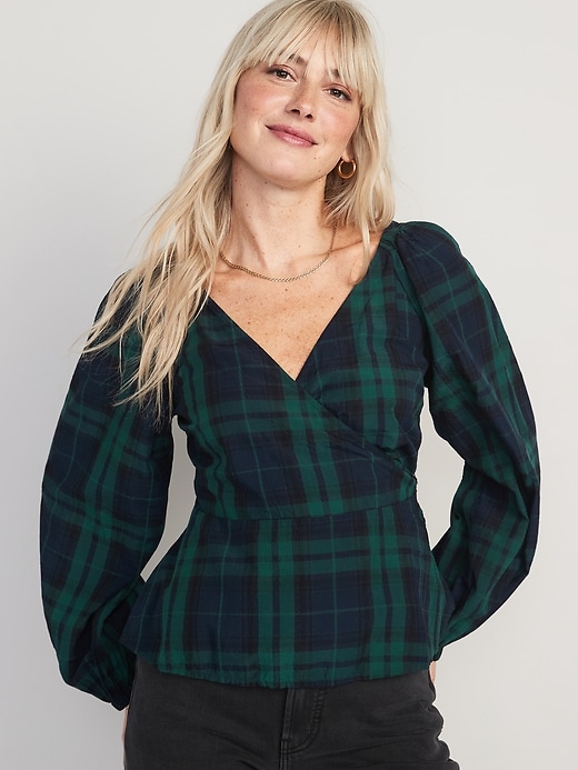 View large product image 1 of 1. Puff-Sleeve Plaid Smocked Seersucker Wrap Blouse for Women
