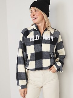 Oversized Buffalo Plaid Logo Sherpa Quarter-Zip Sweatshirt for Women