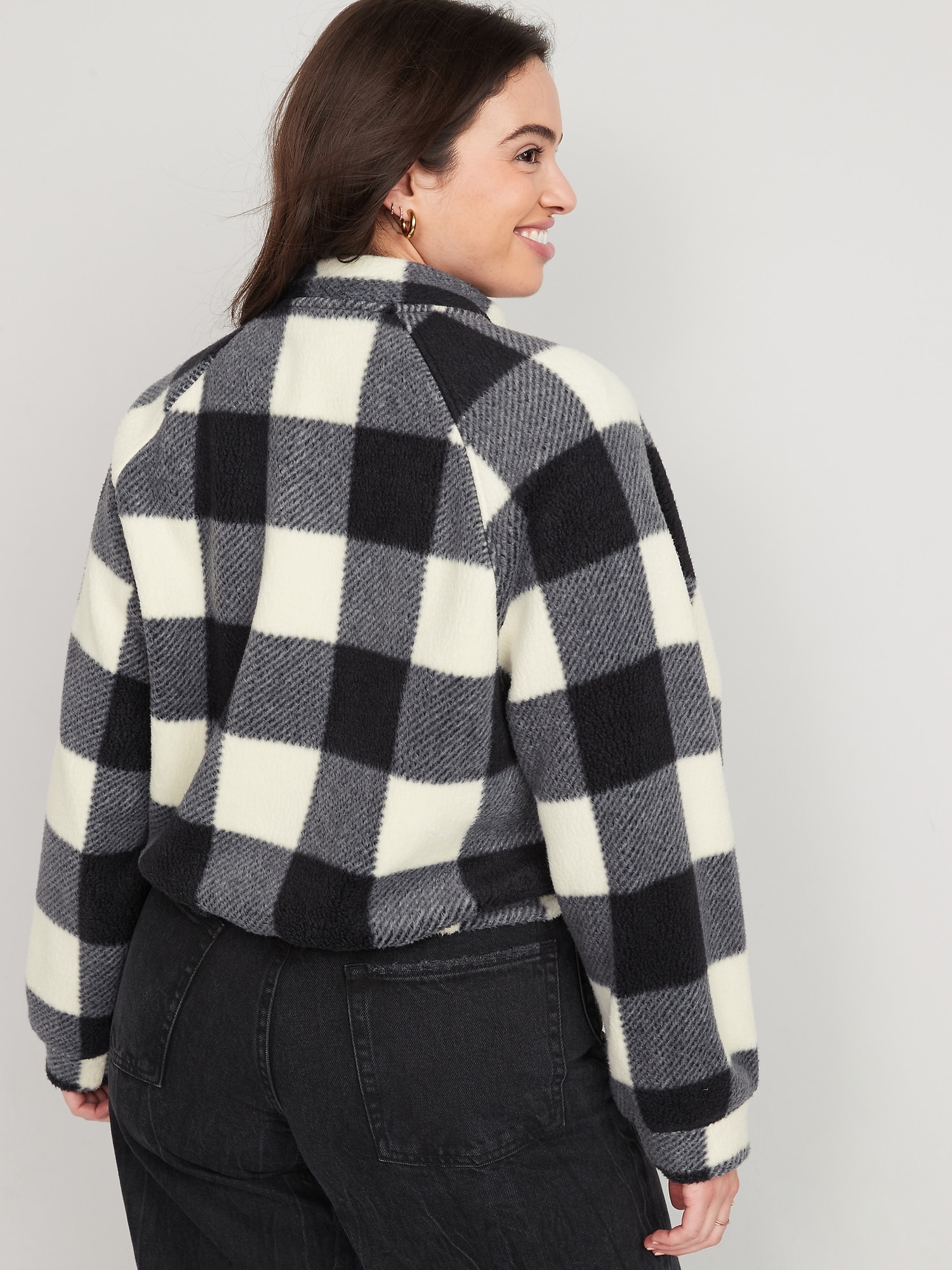 Oversized Buffalo Plaid Logo Sherpa Quarter-Zip Sweatshirt for Women