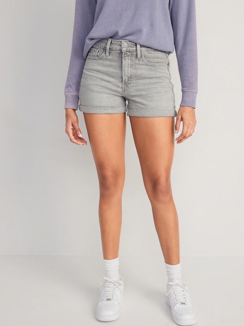 Short O.G. à taille haute Short droit en denim gris à revers pour Femme, entrejambe 7,5 cm - Gris