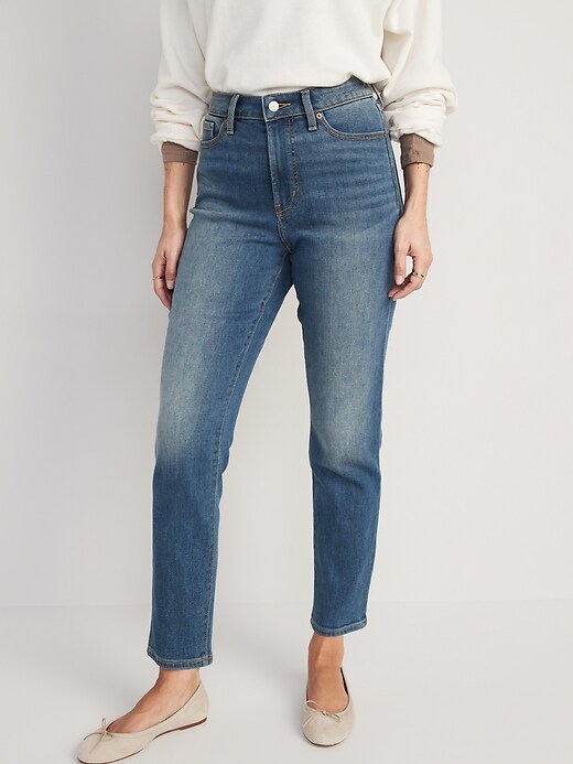 Image number 1 showing, High-Waisted OG Straight Medium-Wash Built-In Warm Ankle Jeans for Women